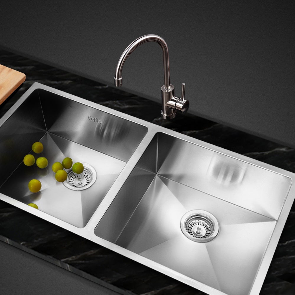Cefito 86.5cm x 44cm Stainless Steel Kitchen Sink showcasing its sleek design and satin finish.