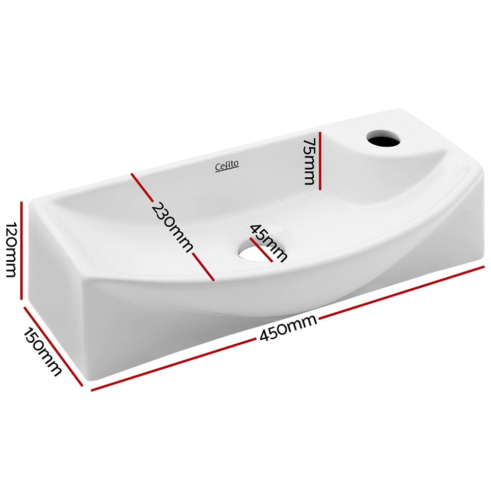 Cefito Ceramic Basin 46cm x 15cm with high gloss finish and nano-glazed surface, ideal for modern bathrooms.