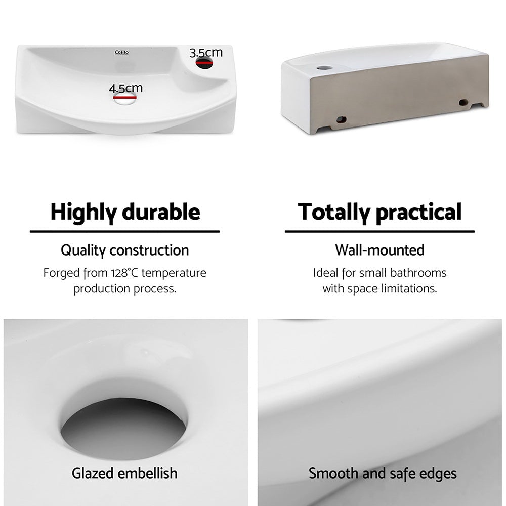 Cefito Ceramic Basin 46cm x 15cm with high gloss finish and nano-glazed surface, ideal for modern bathrooms.