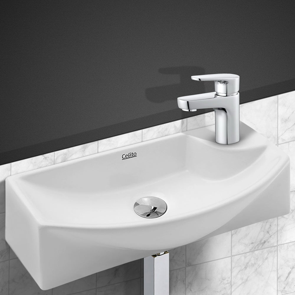 Cefito Ceramic Basin 46cm x 15cm with high gloss finish and nano-glazed surface, ideal for modern bathrooms.
