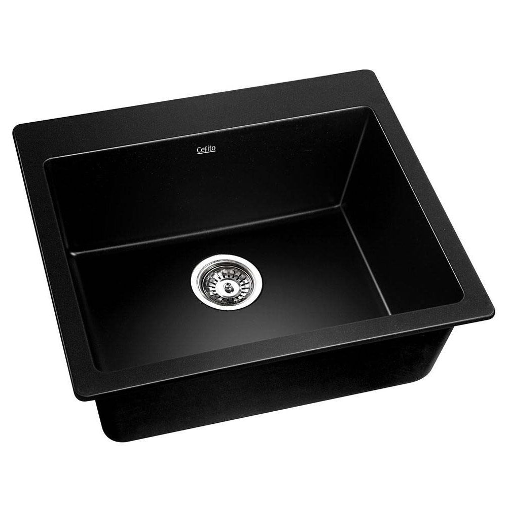 Cefito Stone Kitchen Sink made of black granite composite, showcasing its sleek design and R15 rounded corners.