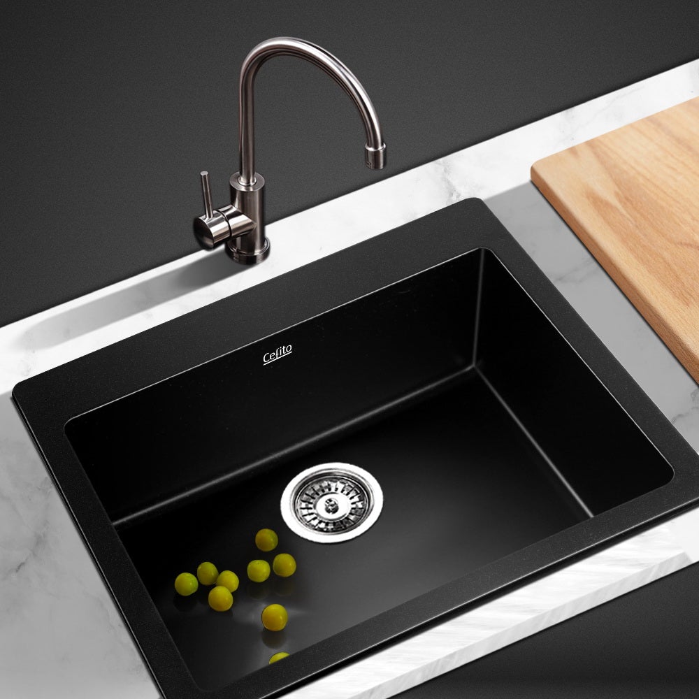 Cefito Stone Kitchen Sink made of black granite composite, showcasing its sleek design and R15 rounded corners.