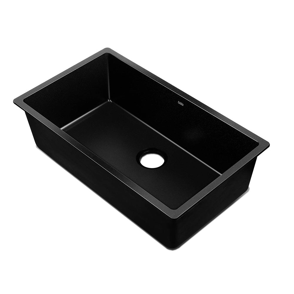 Cefito Stone Kitchen Sink 790X450MM in black granite, showcasing its sleek design and silky textured surface.