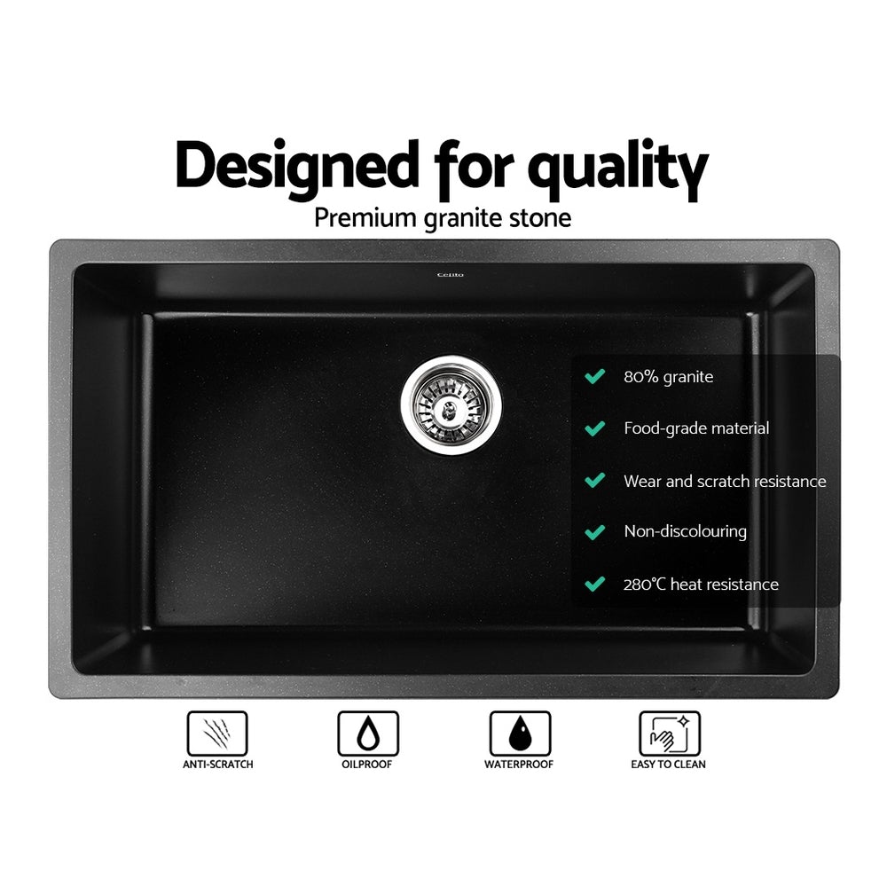 Cefito Stone Kitchen Sink 790X450MM in black granite, showcasing its sleek design and silky textured surface.