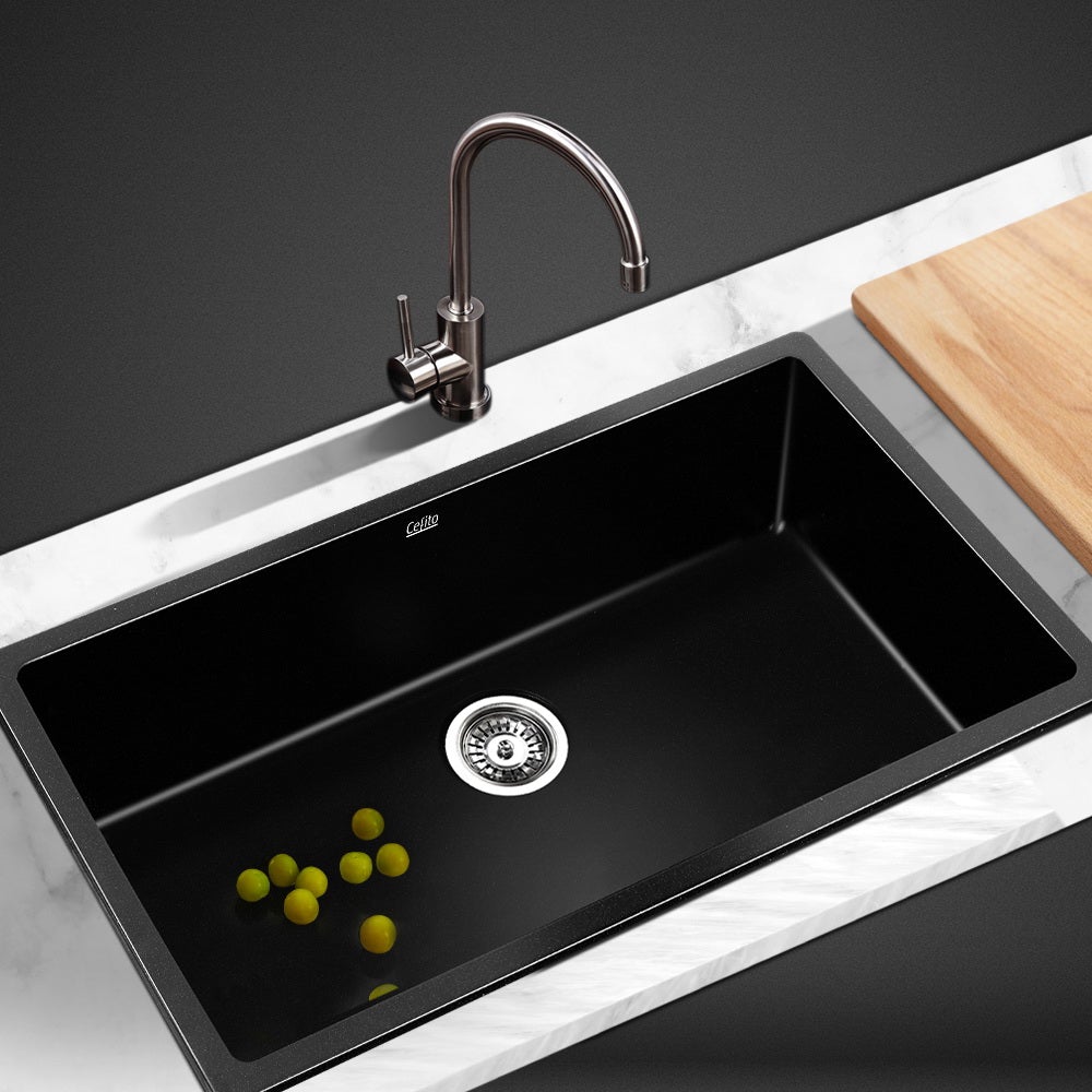 Cefito Stone Kitchen Sink 790X450MM in black granite, showcasing its sleek design and silky textured surface.