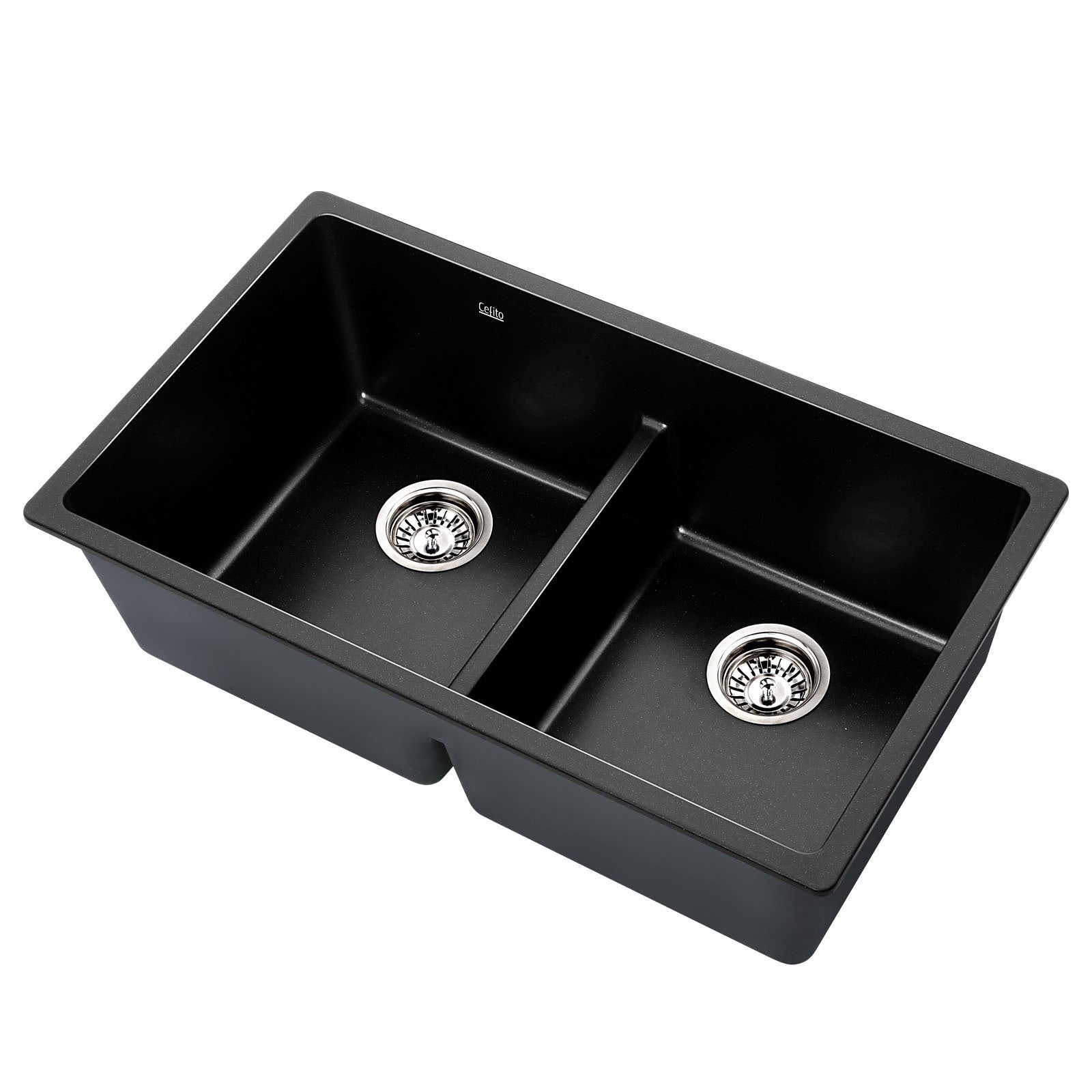 Cefito Stone Kitchen Sink made of black granite composite, showcasing its sleek design and R15 rounded corners.