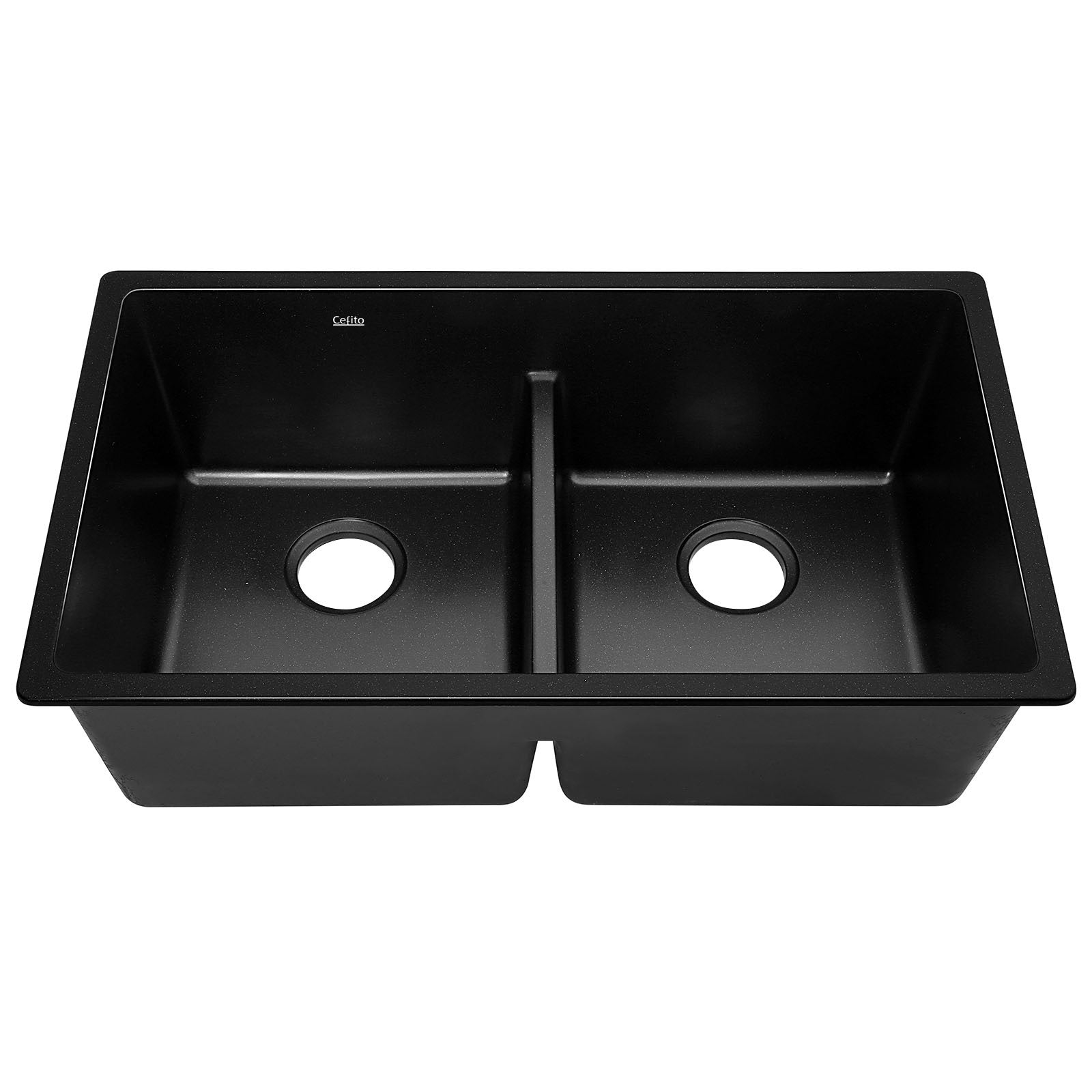Cefito Stone Kitchen Sink made of black granite composite, showcasing its sleek design and R15 rounded corners.