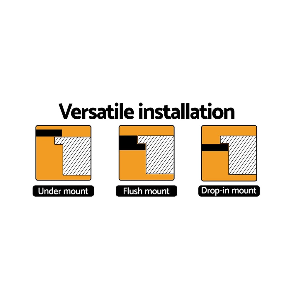 Cefito Stone Kitchen Sink made of black granite composite, showcasing its sleek design and R15 rounded corners.