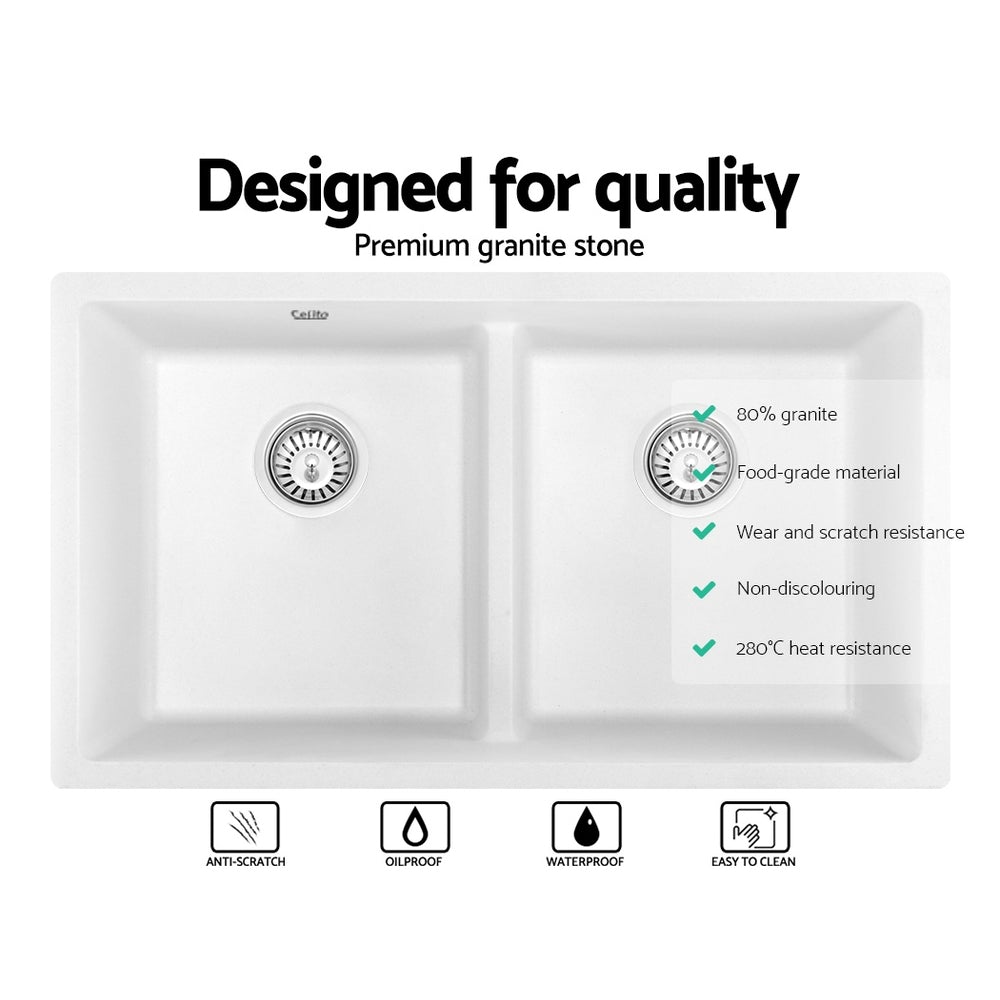 Cefito Stone Kitchen Sink 790X460MM in black granite, showcasing its sleek design and R15 rounded corners.