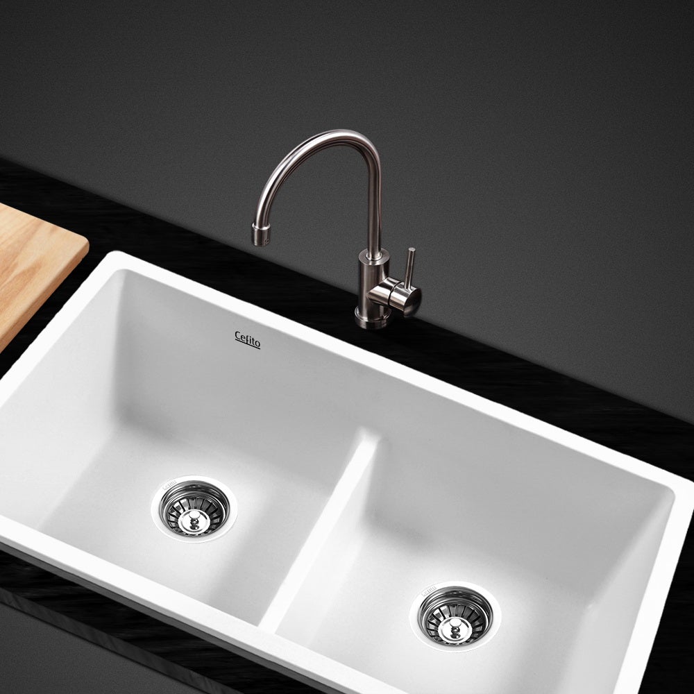 Cefito Stone Kitchen Sink 790X460MM in black granite, showcasing its sleek design and R15 rounded corners.