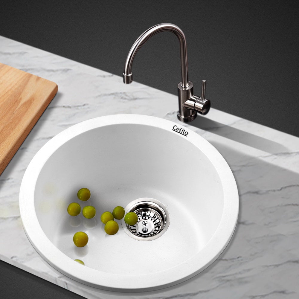 Cefito Stone Kitchen Sink Round 430MM, showcasing its sleek granite design and silky textured surface, perfect for modern kitchens.