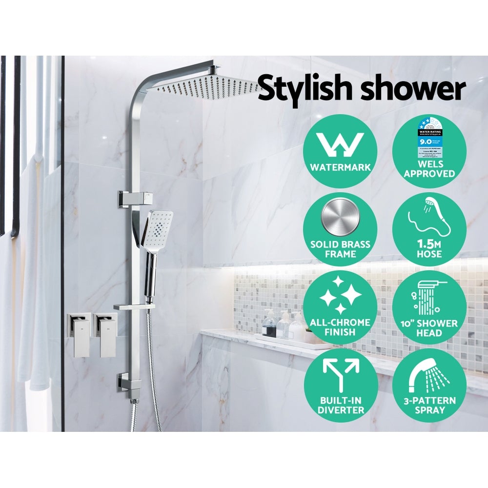 Cefito WELS 10'' Rain Shower Head with chrome finish and solid brass construction, showcasing overhead and handheld options.