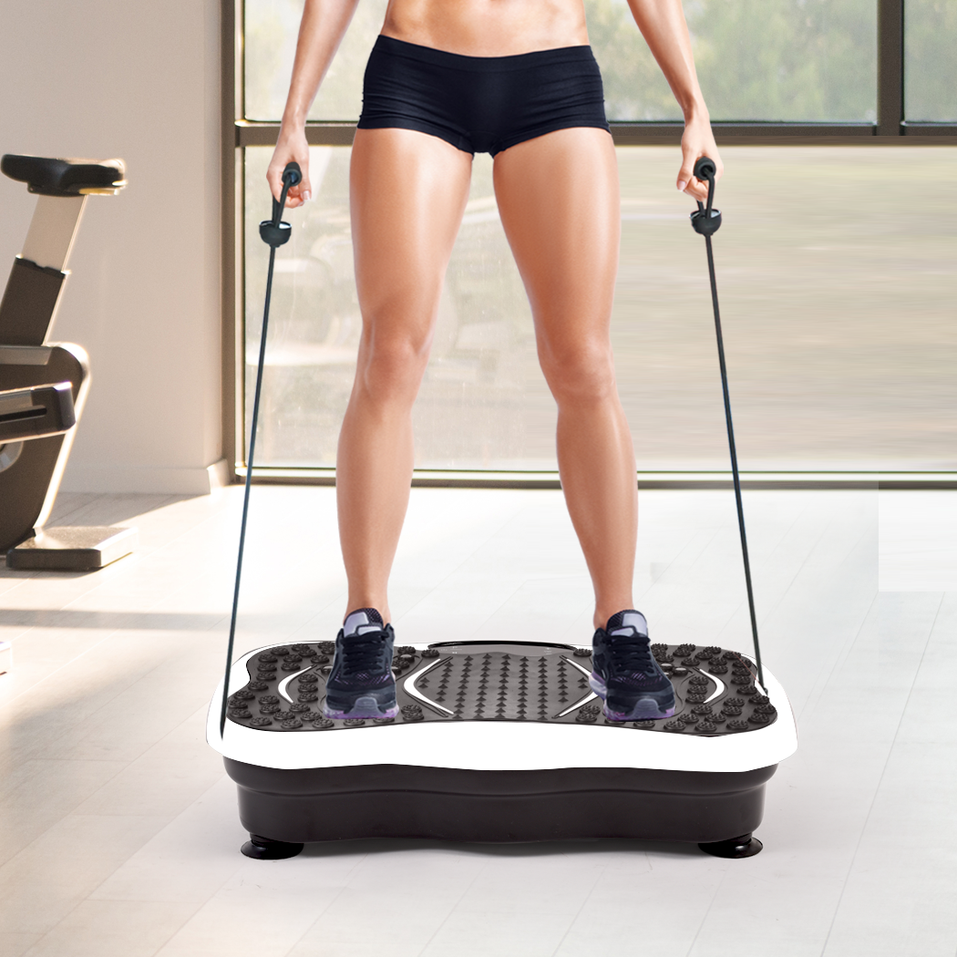 Centra Vibration Machine featuring a non-slip platform, resistance bands, and LED display, designed for effective workouts and weight loss.