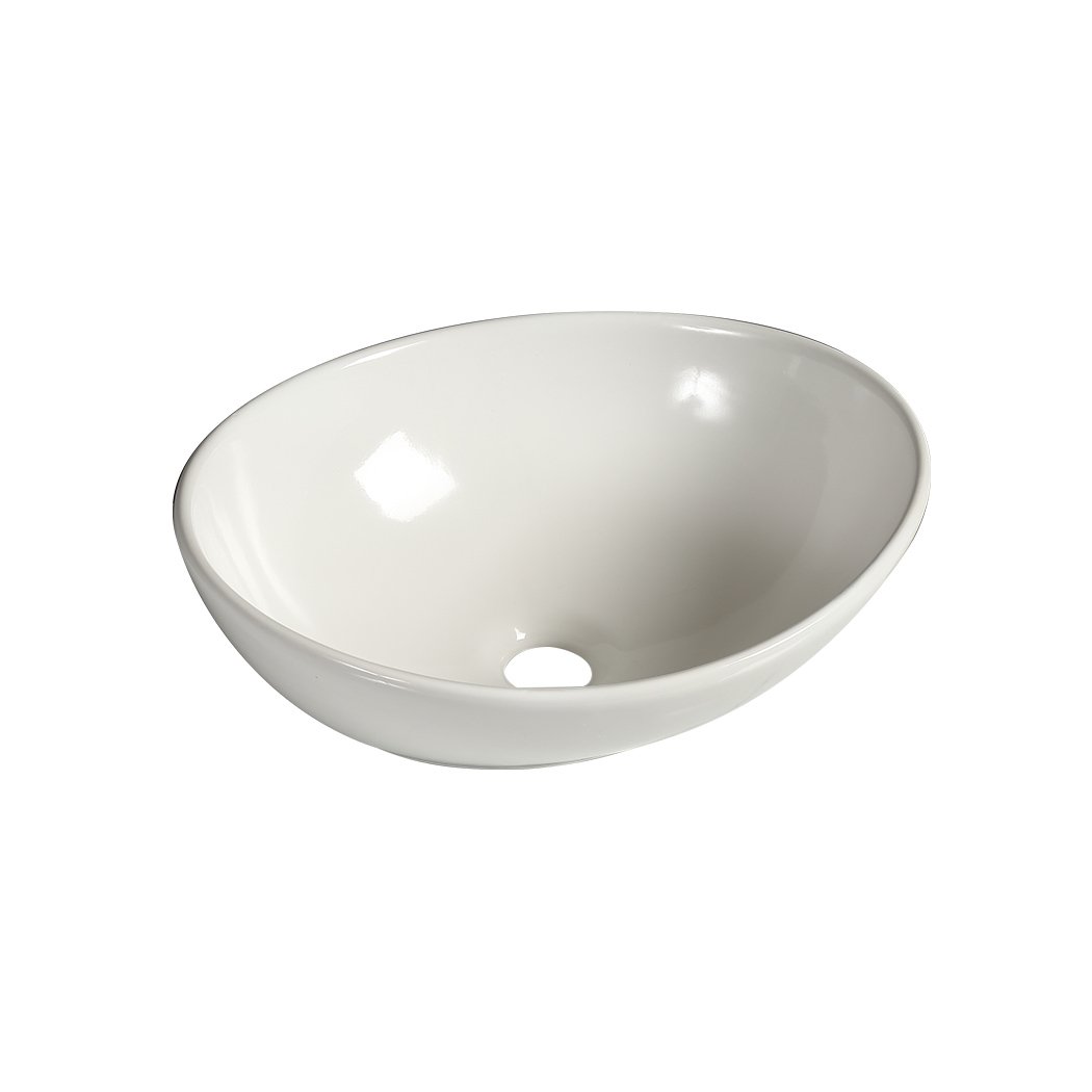 Elegant white ceramic basin for bathroom countertop with high gloss finish and anti-splash design.
