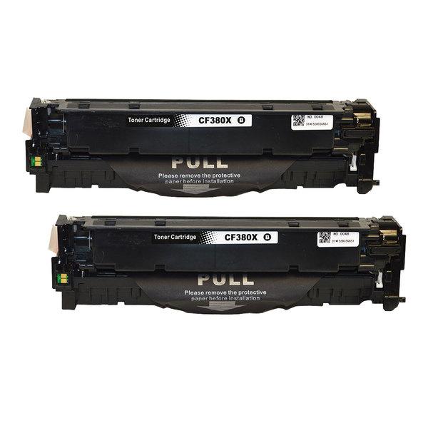Two CF380X #312X Premium Generic Remanufactured Black Toner cartridges, designed for high-quality printing.