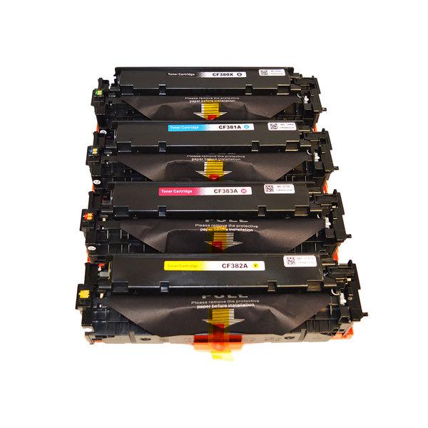 CF380X #312X Series Premium Generic Remanufactured Laser Toner cartridges in black, cyan, magenta, and yellow.