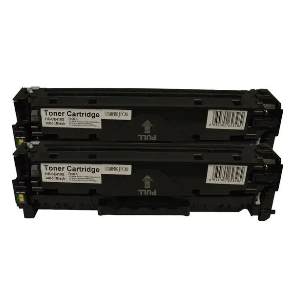 Two CF410A Premium Generic Black Toner Cartridges, designed for high-quality laser printing, showcasing their sleek design and compatibility.