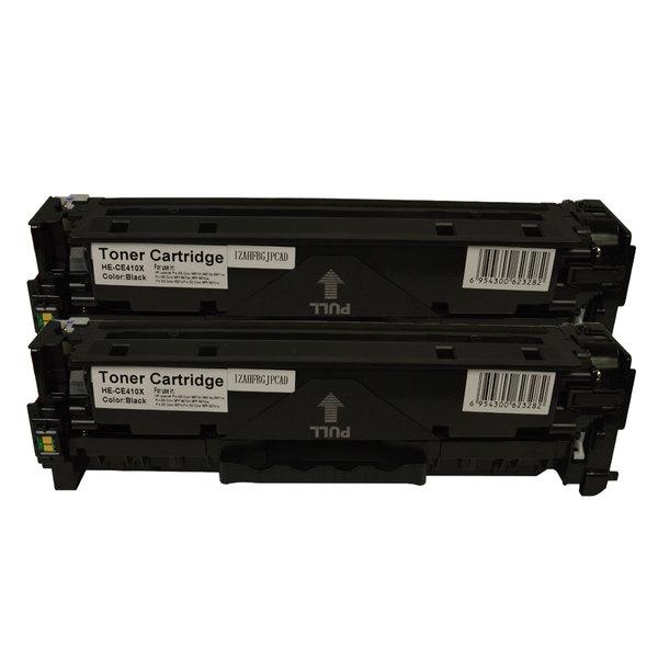 Two CF410A Premium Generic Black Toner Cartridges, designed for high-quality laser printing, showcasing their sleek design and compatibility.