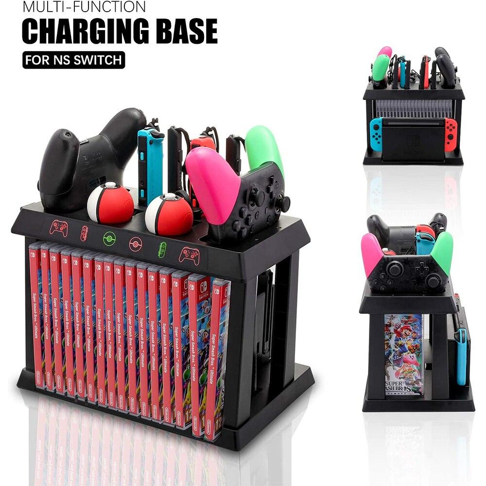 Charger Base for Nintendo Switch with Joy-Cons and Poke Ball Plus, showcasing its sleek design and charging capabilities.