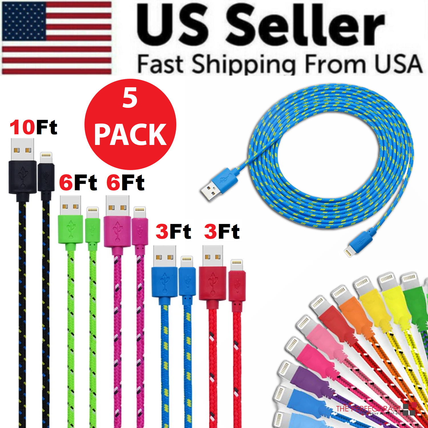 Charging Data Cable 5 Pack featuring nylon braided design, available in 3ft, 6ft, and 10ft lengths for Apple devices.