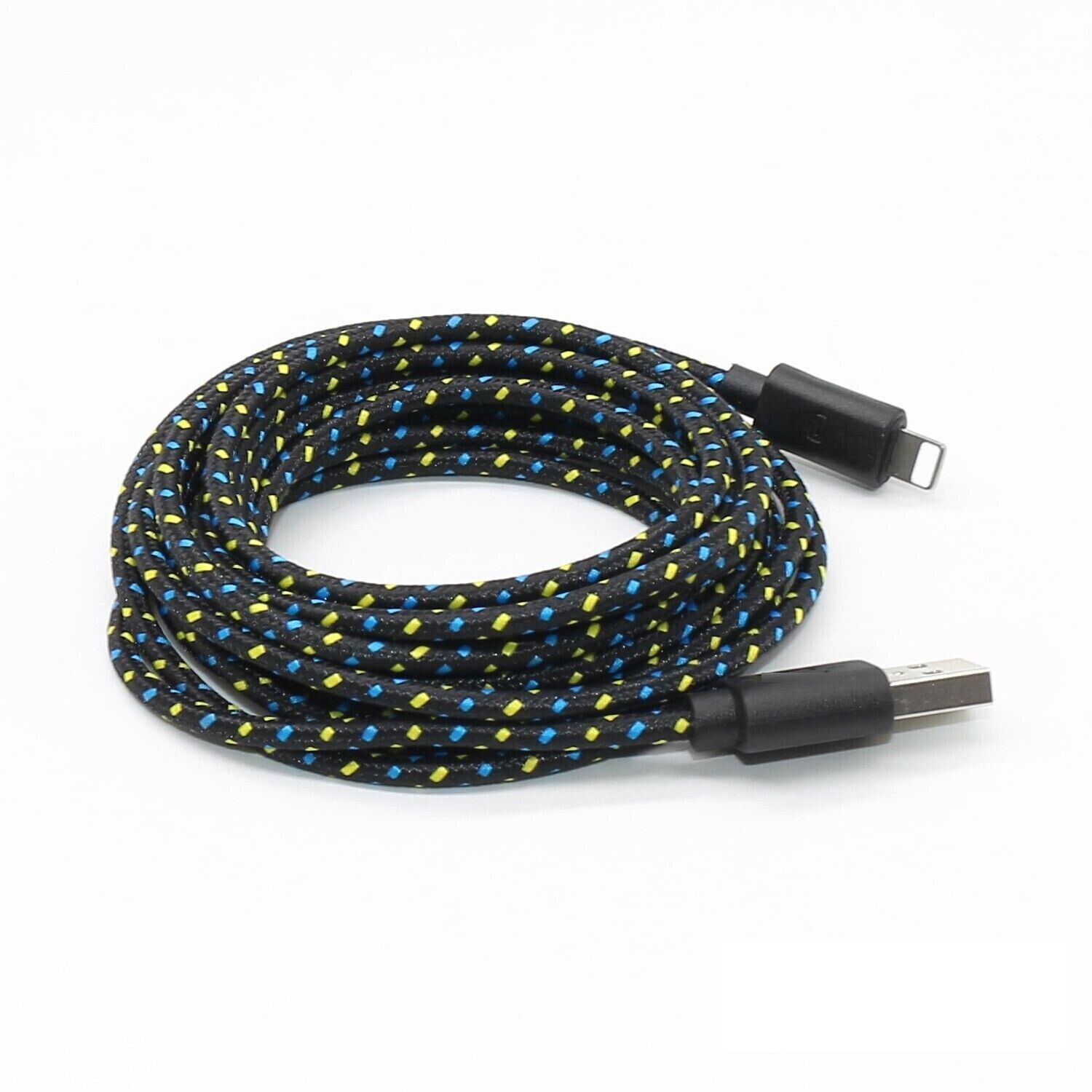 Charging Data Cable 5 Pack featuring nylon braided design, available in 3ft, 6ft, and 10ft lengths for Apple devices.