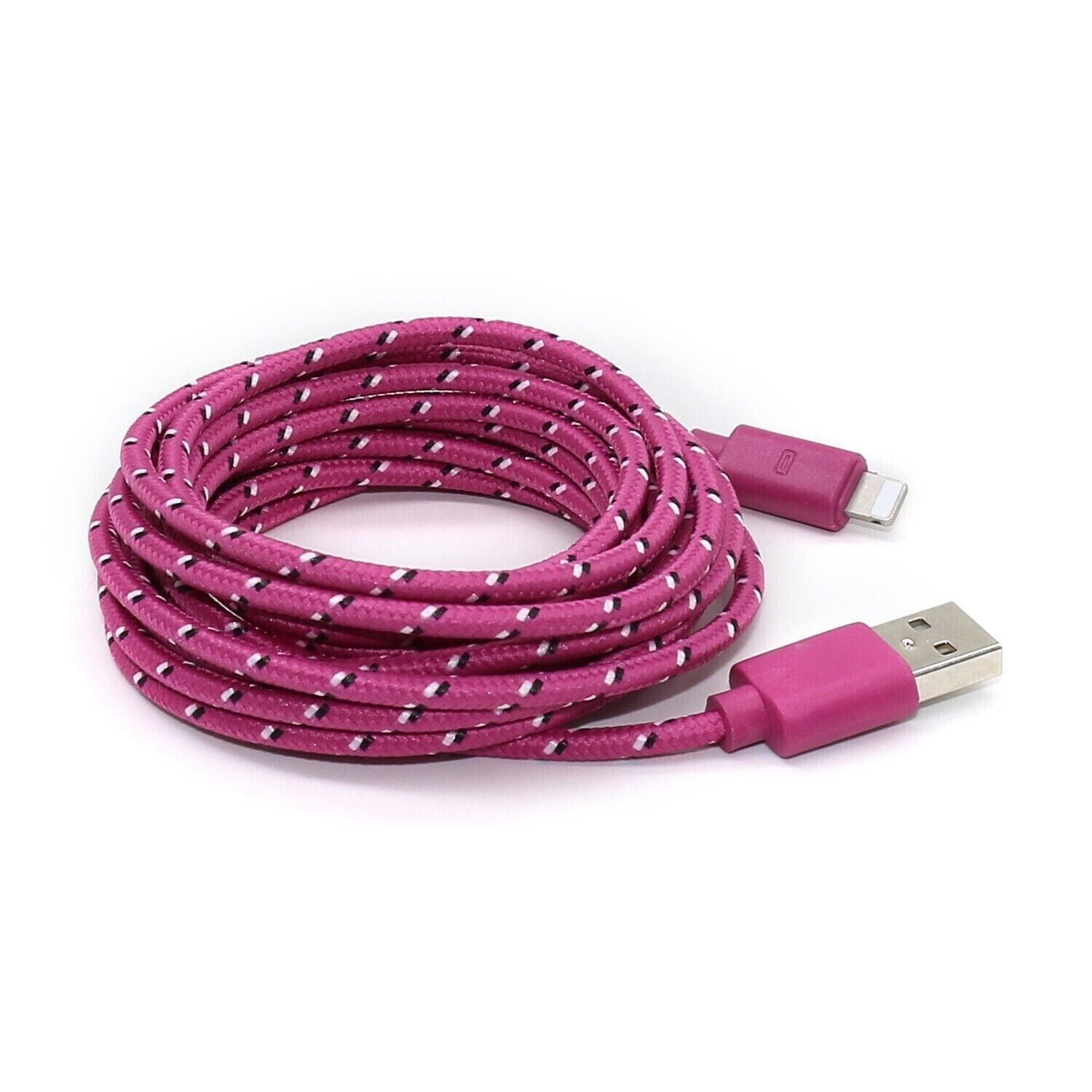 Charging Data Cable 5 Pack featuring nylon braided design, available in 3ft, 6ft, and 10ft lengths for Apple devices.