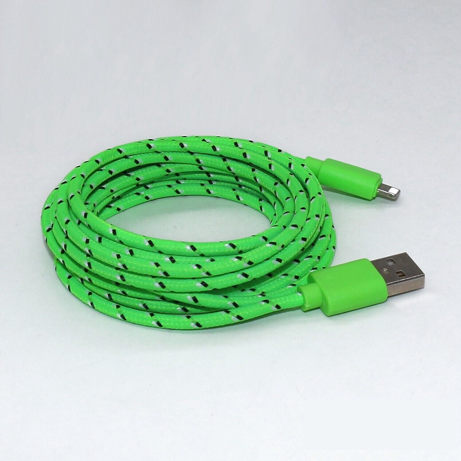 Charging Data Cable 5 Pack featuring nylon braided design, available in 3ft, 6ft, and 10ft lengths for Apple devices.