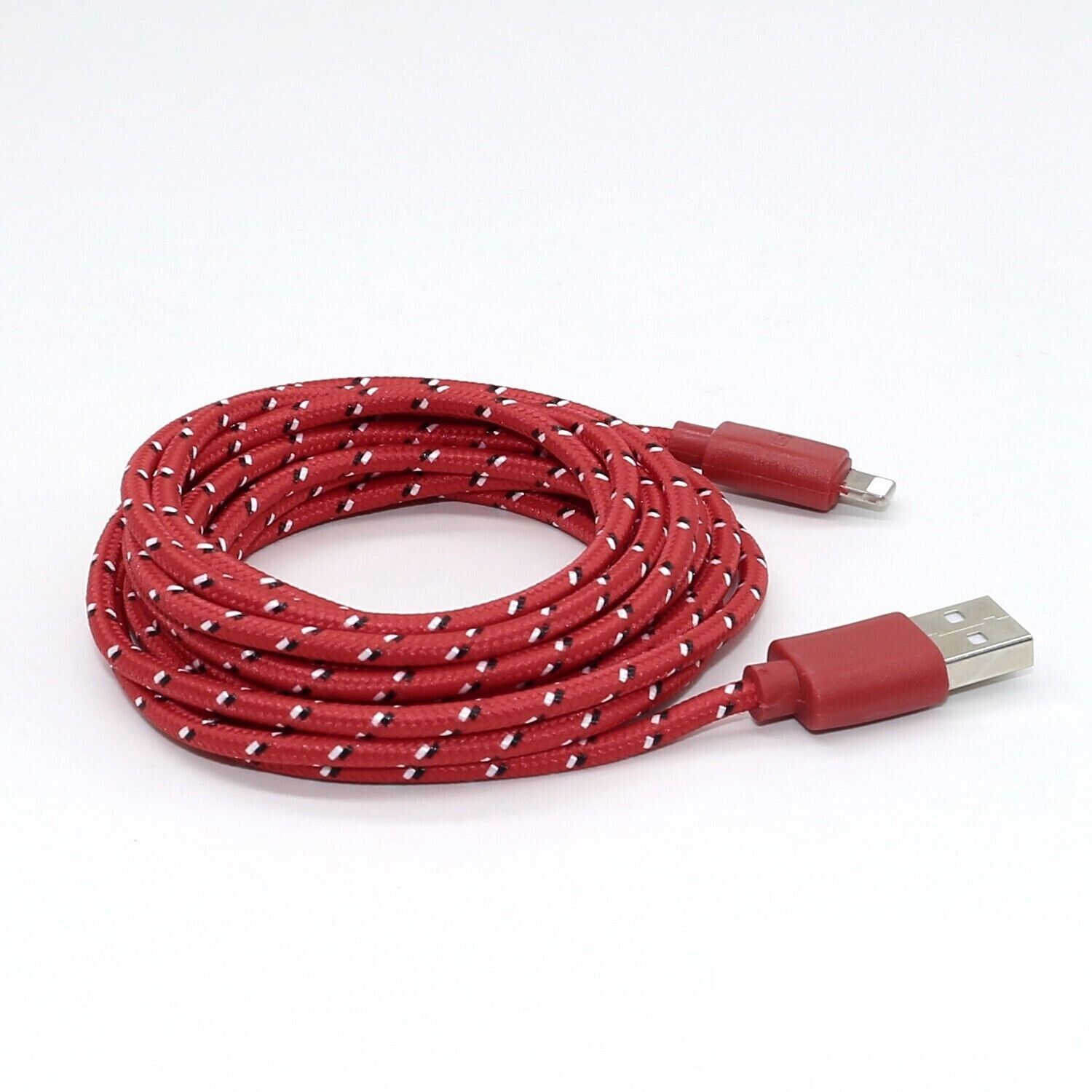 Charging Data Cable 5 Pack featuring nylon braided design, available in 3ft, 6ft, and 10ft lengths for Apple devices.