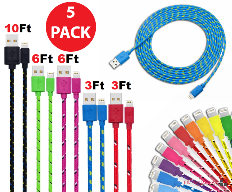 Charging Data Cable 5 Pack featuring nylon braided design, available in 3ft, 6ft, and 10ft lengths for Apple devices.