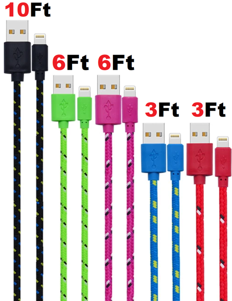 Charging Data Cable 5 Pack featuring nylon braided design, available in 3ft, 6ft, and 10ft lengths for Apple devices.