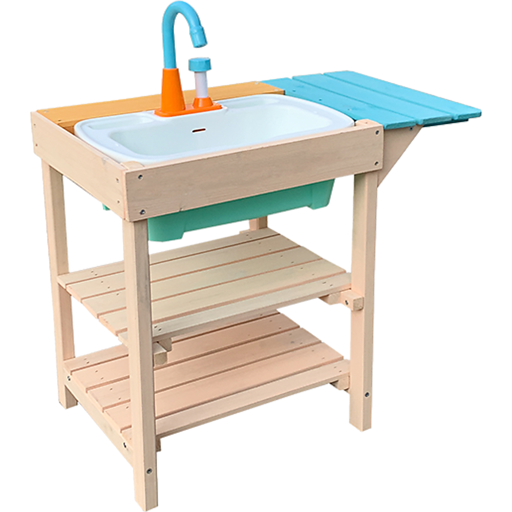 Children's Outdoor Play Mud Kitchen Sand Pit made of FIR wood with a farmhouse sink and storage shelves, perfect for imaginative outdoor play.