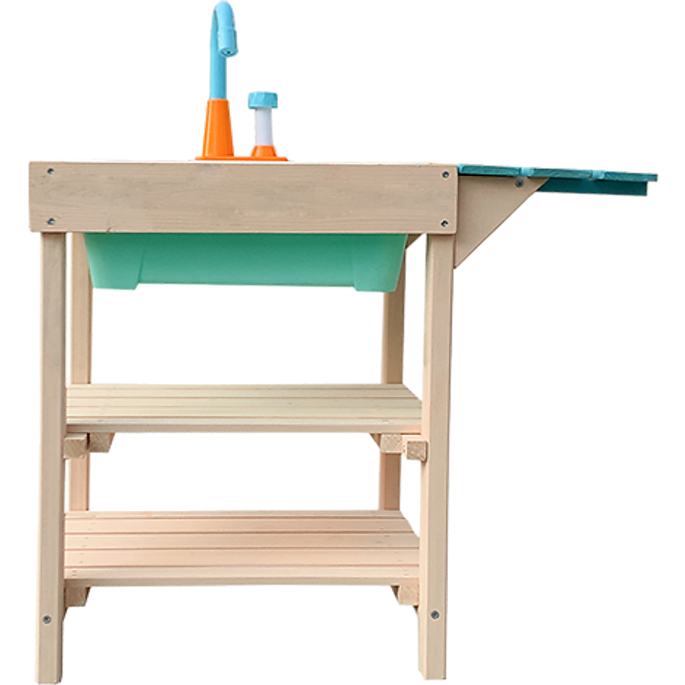 Children's Outdoor Play Mud Kitchen Sand Pit made of FIR wood with a farmhouse sink and storage shelves, perfect for imaginative outdoor play.