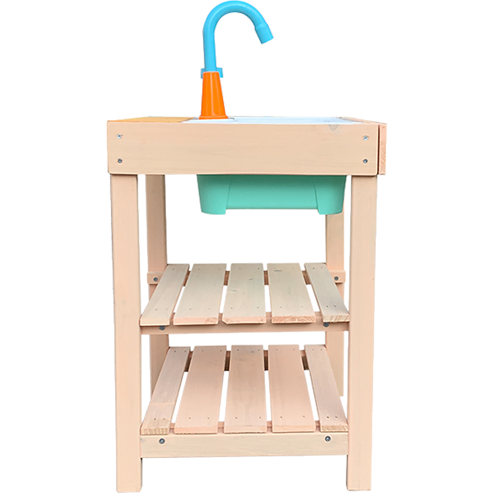Children's Outdoor Play Mud Kitchen Sand Pit made of FIR wood with a farmhouse sink and storage shelves, perfect for imaginative outdoor play.