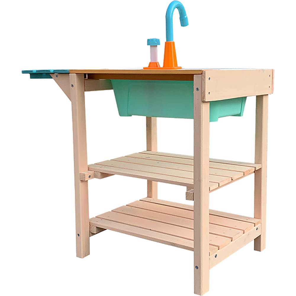 Children's Outdoor Play Mud Kitchen Sand Pit made of FIR wood with a farmhouse sink and storage shelves, perfect for imaginative outdoor play.