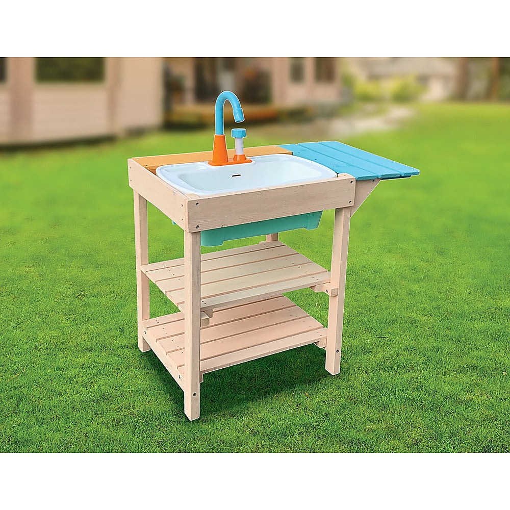 Children's Outdoor Play Mud Kitchen Sand Pit made of FIR wood with a farmhouse sink and storage shelves, perfect for imaginative outdoor play.