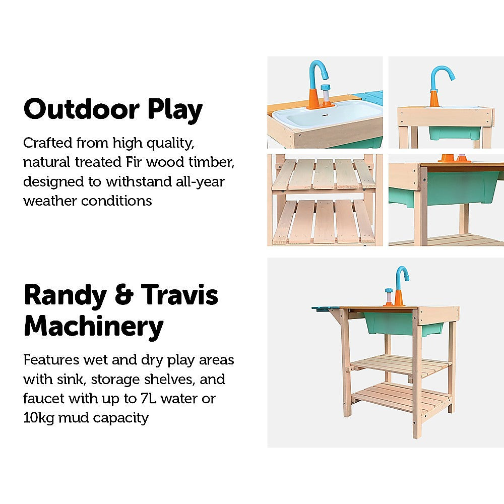 Children's Outdoor Play Mud Kitchen Sand Pit made of FIR wood with a farmhouse sink and storage shelves, perfect for imaginative outdoor play.