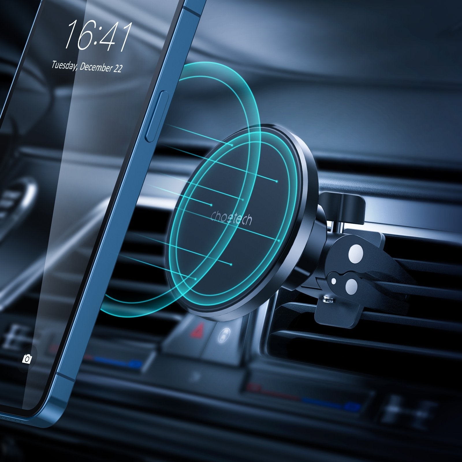 Choetech AT0003 Air Vent Magsafe Magnetic Phone Car Mount for iPhone, featuring a sleek black design and dual silicone clips for secure attachment.