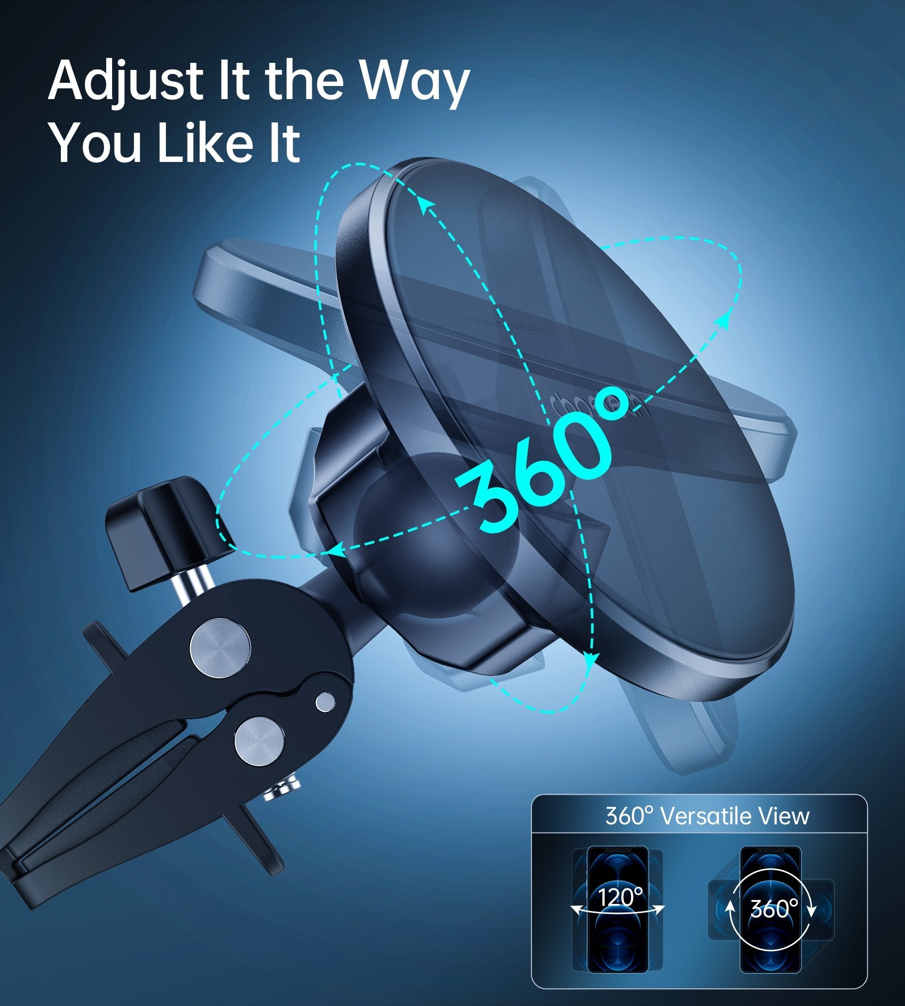 Choetech AT0003 Air Vent Magsafe Magnetic Phone Car Mount for iPhone, featuring a sleek black design and dual silicone clips for secure attachment.