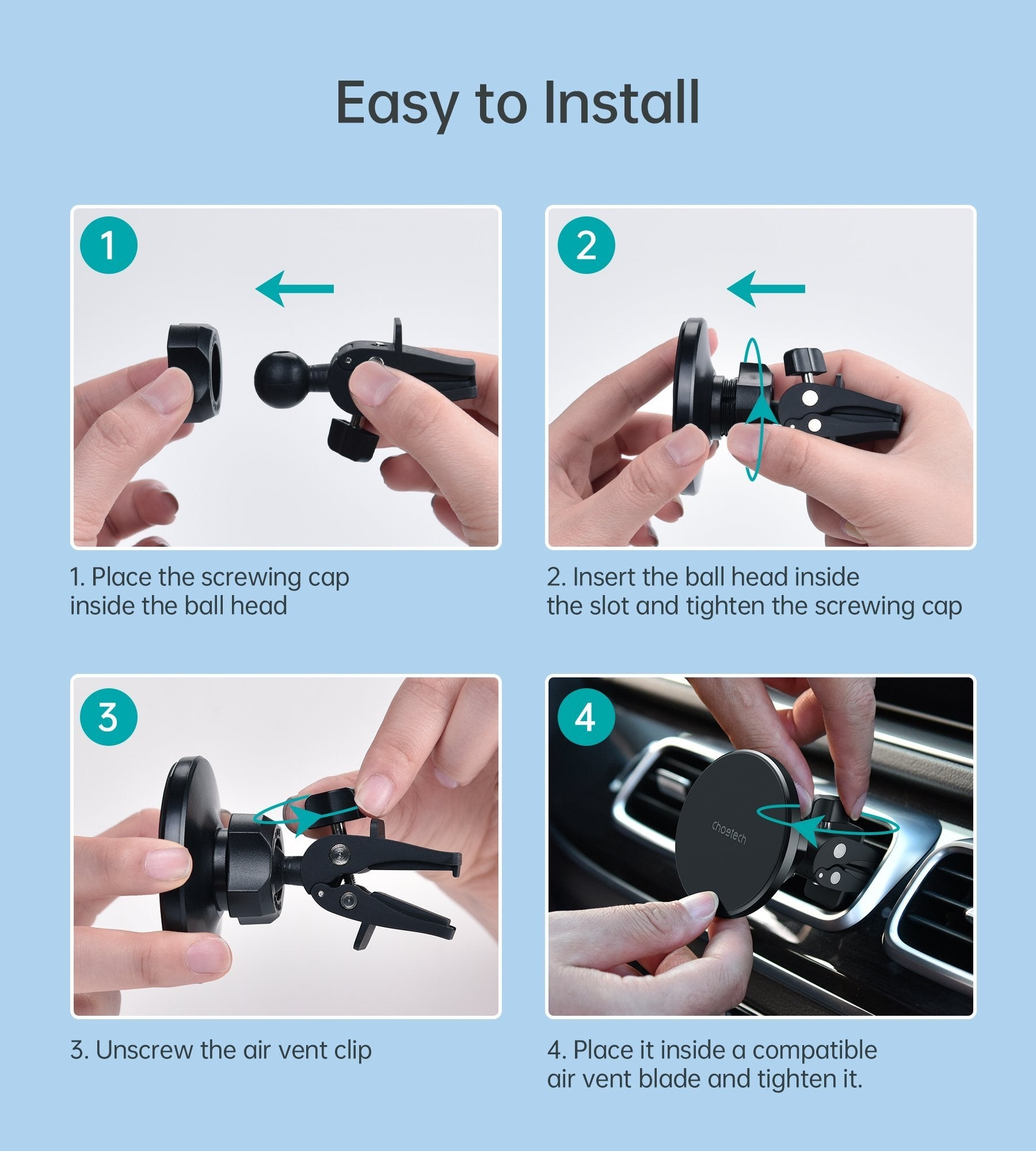 Choetech AT0003 Air Vent Magsafe Magnetic Phone Car Mount for iPhone, featuring a sleek black design and dual silicone clips for secure attachment.