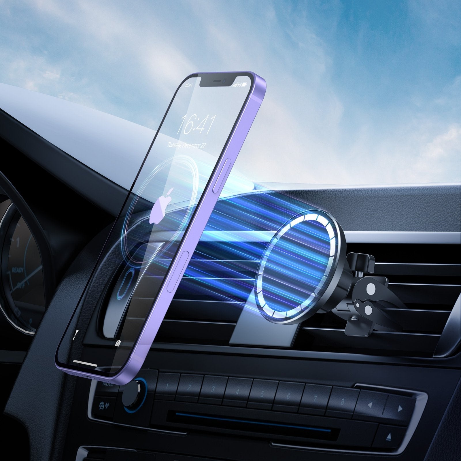 CHOETECH AT0004 Magsafe iPhone 12 Magnetic Car Mount attached to a car air vent, securely holding an iPhone 12.