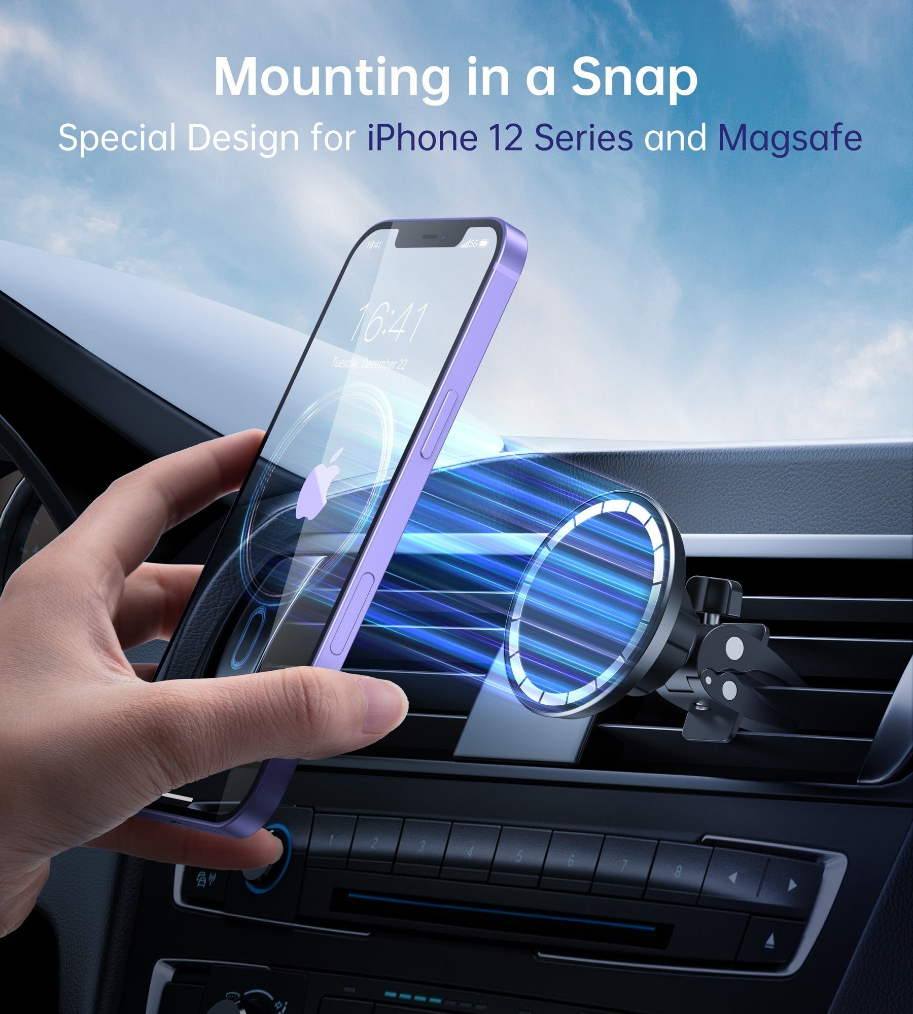 CHOETECH AT0004 Magsafe iPhone 12 Magnetic Car Mount attached to a car air vent, securely holding an iPhone 12.