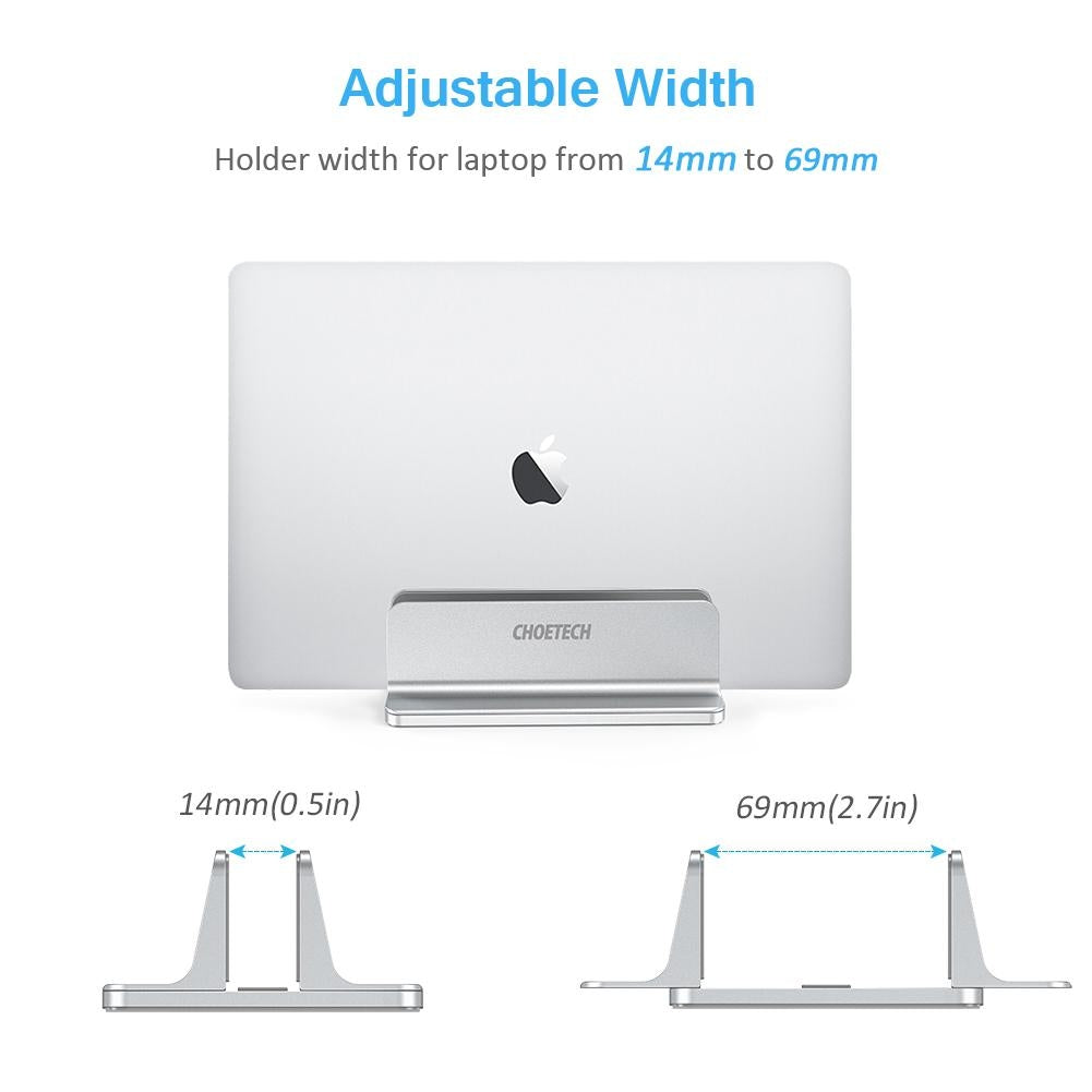CHOETECH H038 Desktop Aluminum Stand showcasing adjustable dock size for laptops, featuring a sleek aluminum design and anti-scratch silicone mats.