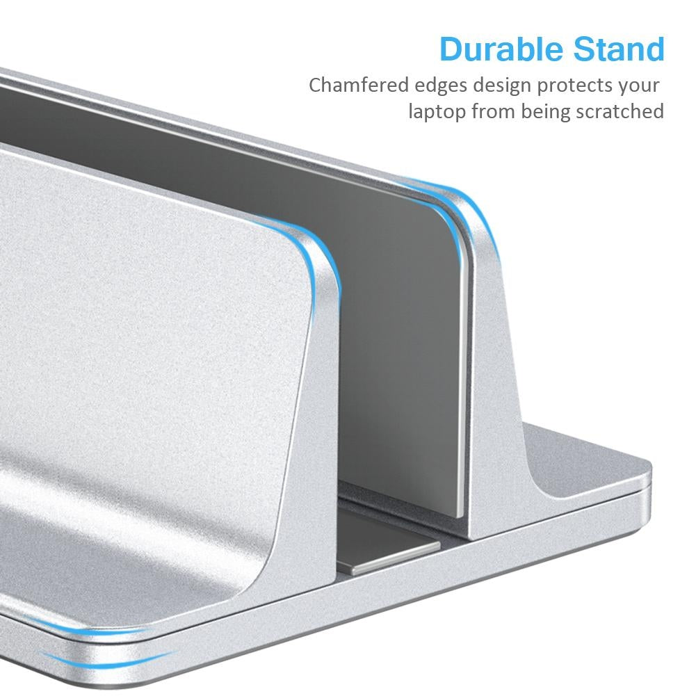 CHOETECH H038 Desktop Aluminum Stand showcasing adjustable dock size for laptops, featuring a sleek aluminum design and anti-scratch silicone mats.