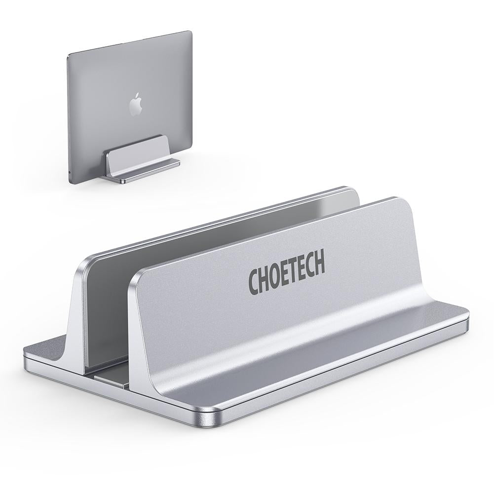 CHOETECH H038 Desktop Aluminum Stand showcasing adjustable dock size for laptops, featuring a sleek aluminum design and anti-scratch silicone mats.