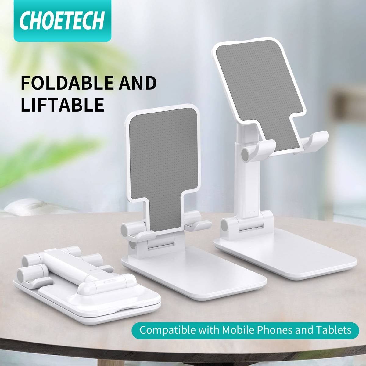 Choetech H88-WH Foldable Mobilephone Holder in a compact design, showcasing its adjustable angles and anti-slip features.