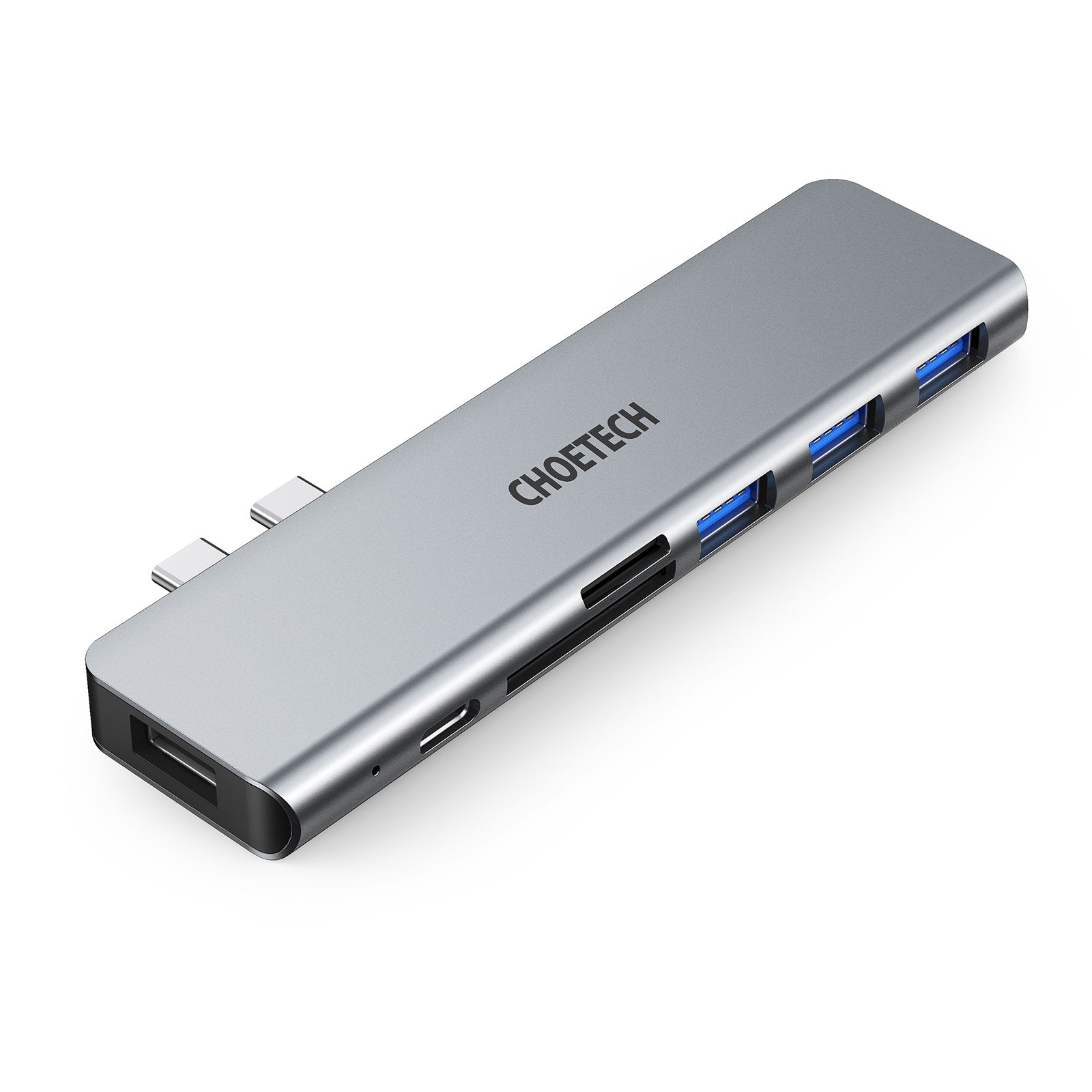 CHOETECH HUB-M23 7-in-1 USB adapter for MacBook Pro, featuring multiple ports including USB 3.0, USB-C, and card readers in a sleek aluminum design.