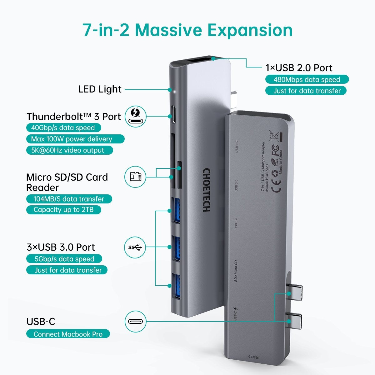 CHOETECH HUB-M23 7-in-1 USB adapter for MacBook Pro, featuring multiple ports including USB 3.0, USB-C, and card readers in a sleek aluminum design.