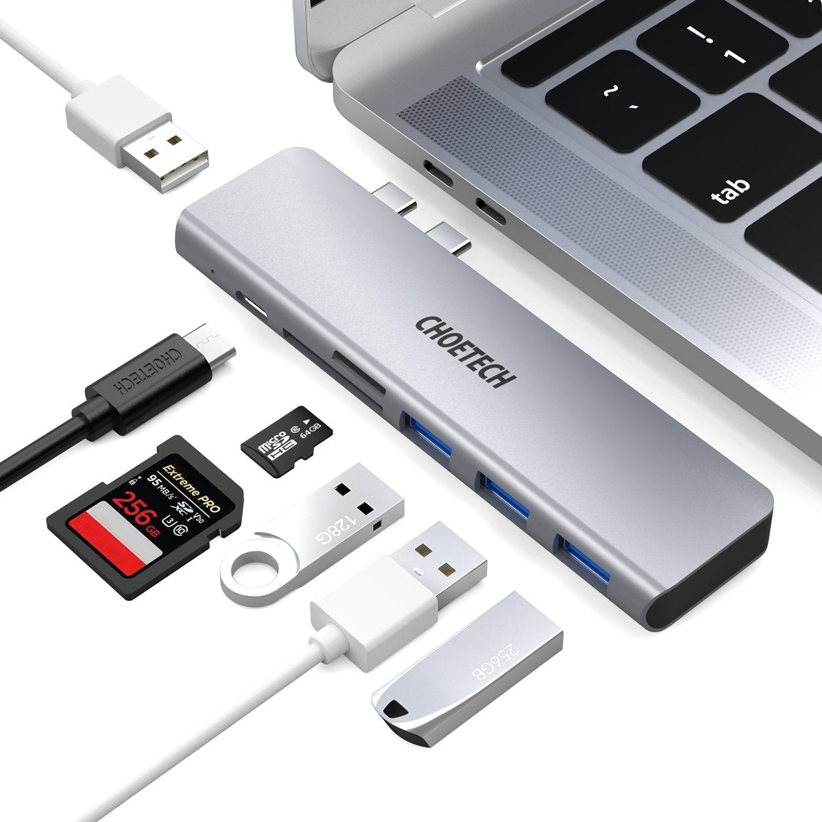 CHOETECH HUB-M23 7-in-1 USB adapter for MacBook Pro, featuring multiple ports including USB 3.0, USB-C, and card readers in a sleek aluminum design.