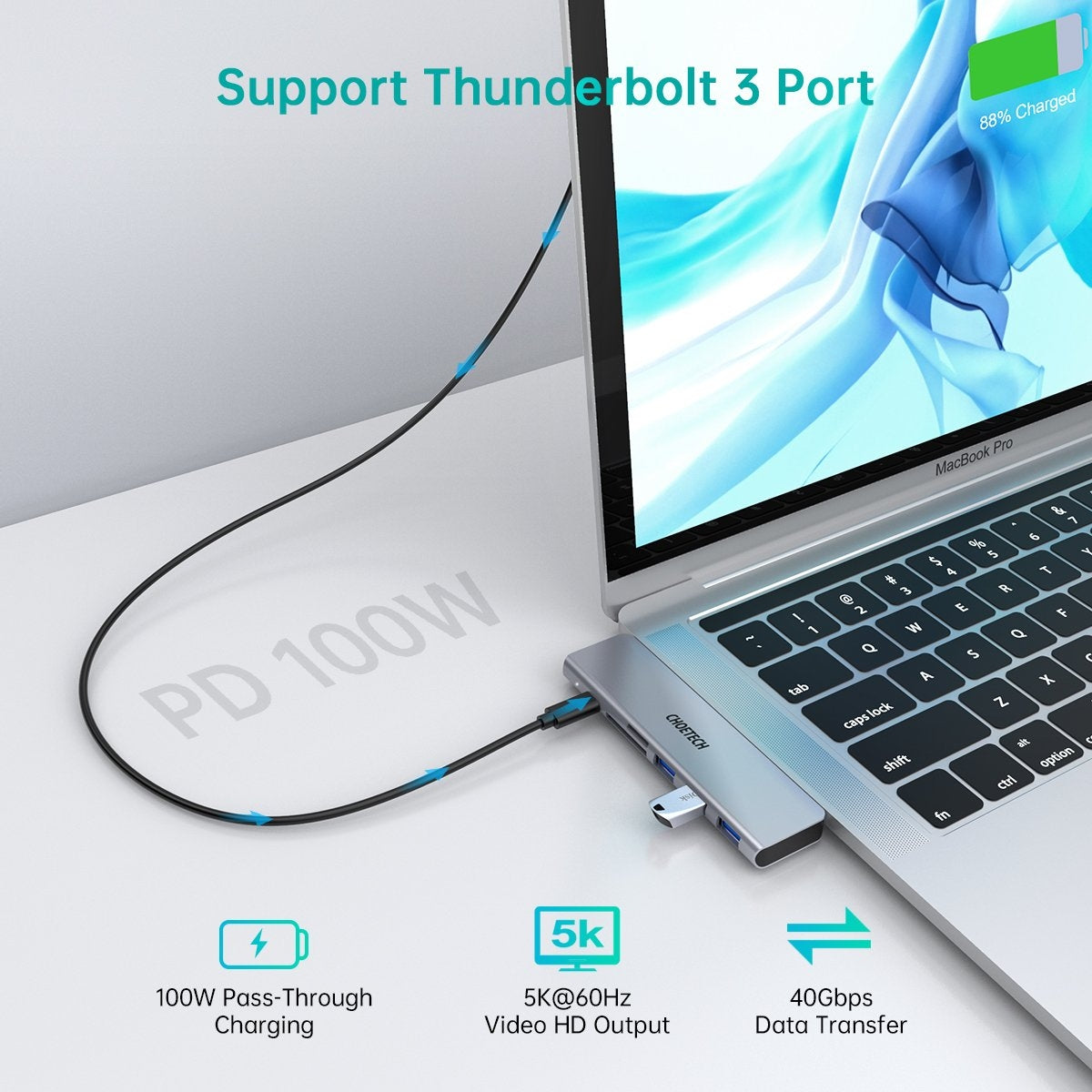 CHOETECH HUB-M23 7-in-1 USB adapter for MacBook Pro, featuring multiple ports including USB 3.0, USB-C, and card readers in a sleek aluminum design.