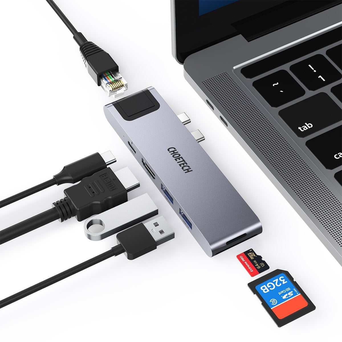CHOETECH HUB-M24 7-in-2 USB-C Hub for MacBook Pro and Air, featuring multiple ports including HDMI, Ethernet, and USB 3.0.